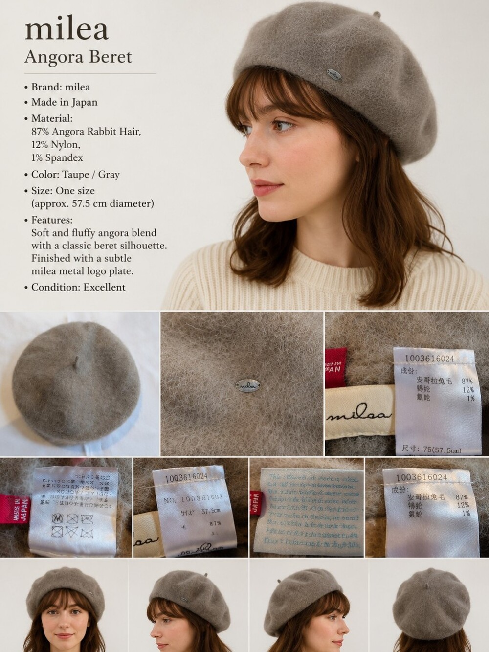 Soft Fuzzy Beret in Taupe Angora Rabbit Fur Hat By Milsa Japan